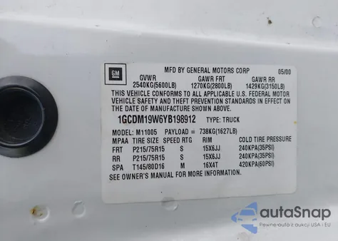 2000 Chevrolet Astro из США, поврежденный, VIN 1GCDM19W6YB198912